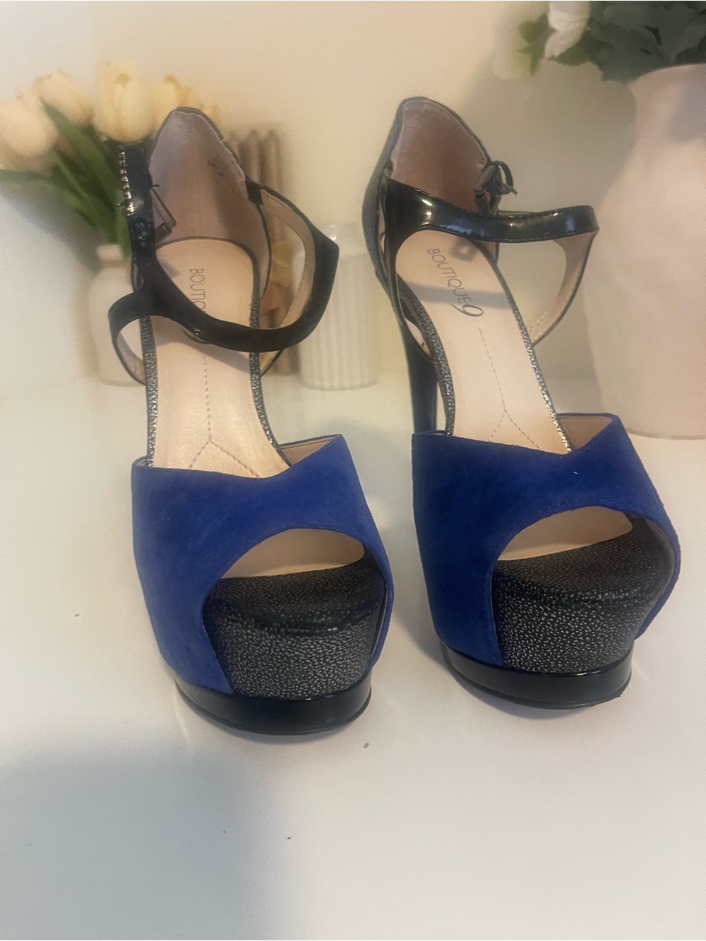 Boutique 9 Royal Blue Suede Open-Toe Platform Heels with Black Ankle Strap